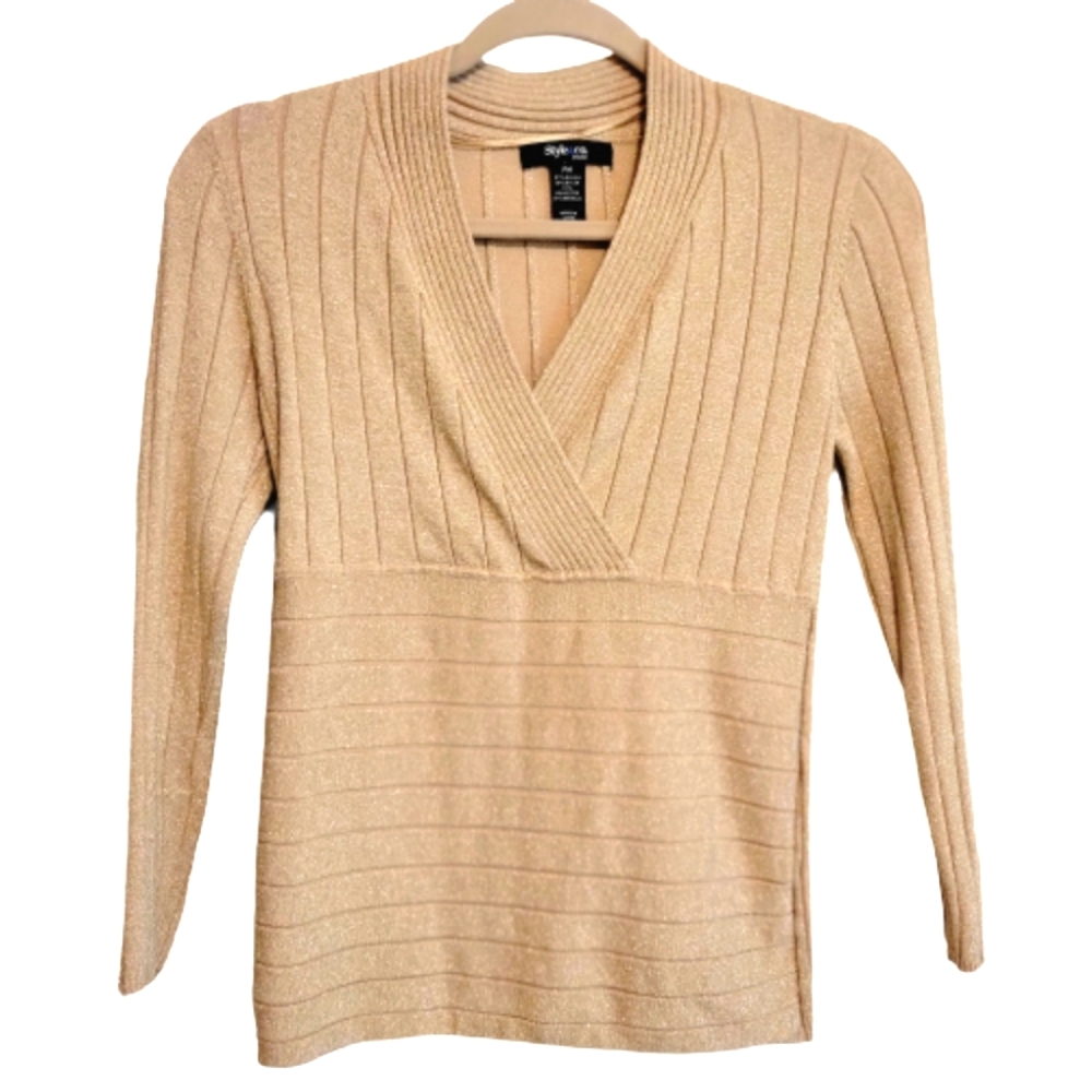 Style & Co. Petite women's metallic sparkly tan V neck blouse size PM